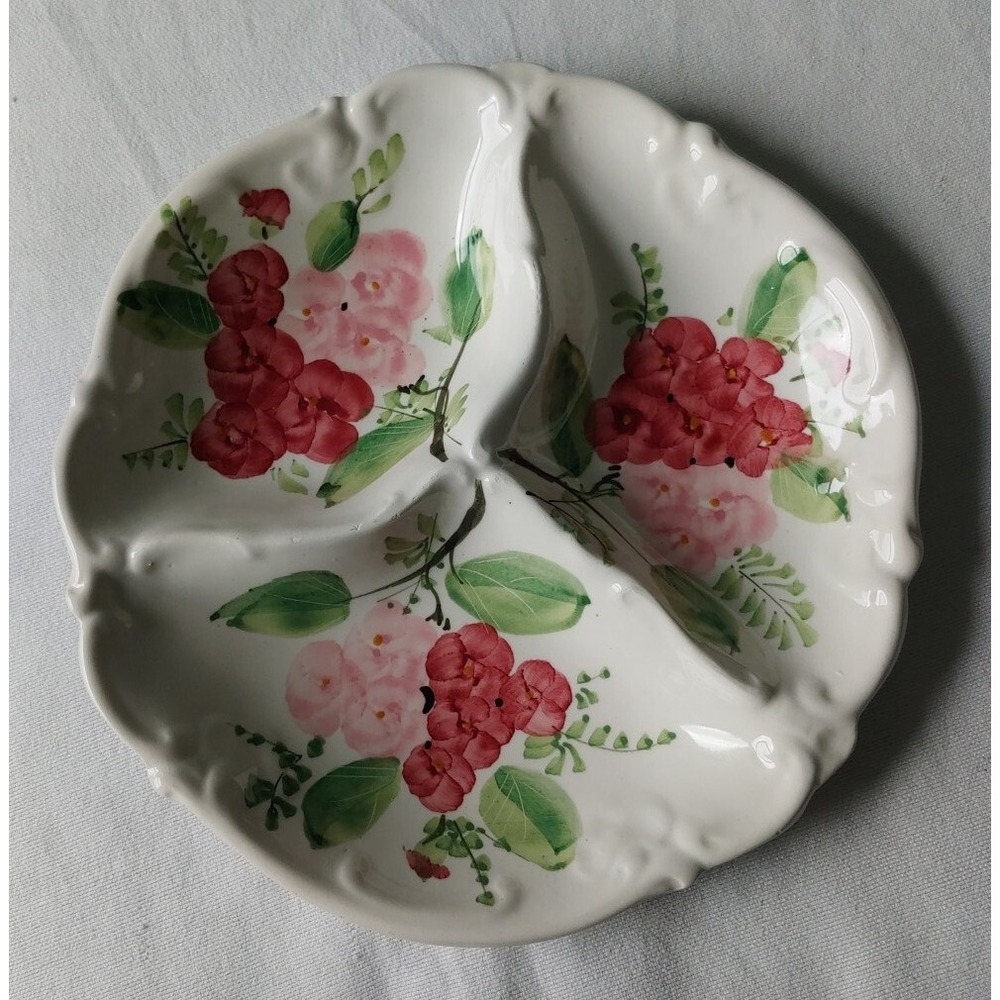 Vintage Hand Painted Made Italy Floral Candy Dish 3 Section Bowl Gift Grannycore